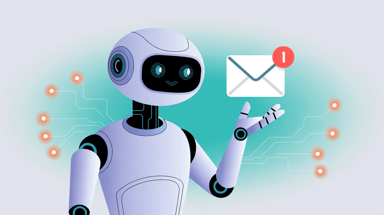 AI robot assistant with glowing eyes interacting with email system, surrounded by intelligent network connections showing multiple automation capabilities
